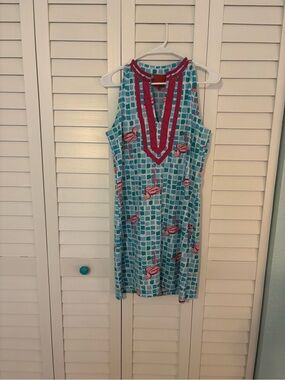 Womans Dress Sleeveless Blue Flamingo Print Shift W/ Pink Trim. Tracy Negoshian